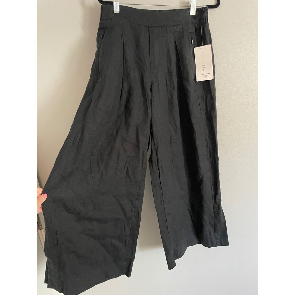 Athleta Playa Linen Wide Crop Pants Womens 8 Tall Black High Rise Casual Summer